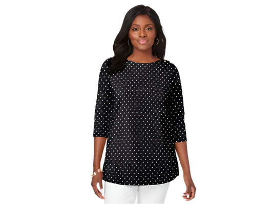 Black ivory polka dot plus size women’s boat neck t-shirt with elbow-length sleeves, displayed on a mannequin.