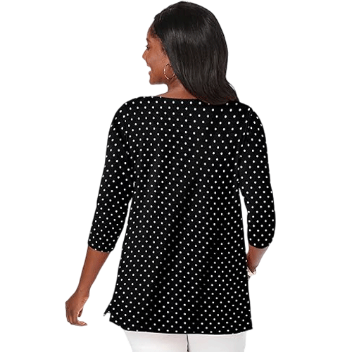 Black ivory polka dot plus size women’s boat neck t-shirt with elbow-length sleeves, displayed on a mannequin.