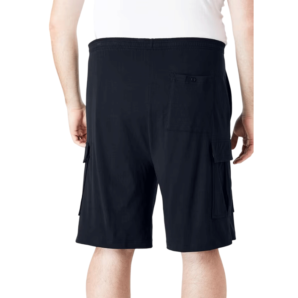 A pair of Black Jersey Big Size Cargo Shorts featuring soft jersey fabric, cargo pockets for extra storage, an elastic waistband with a drawstring, and a relaxed fit.