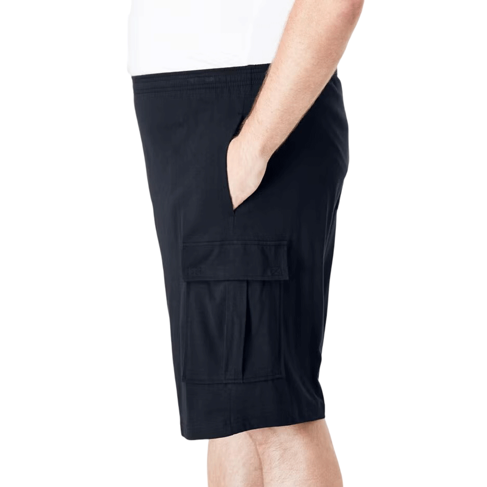 A pair of Black Jersey Big Size Cargo Shorts featuring soft jersey fabric, cargo pockets for extra storage, an elastic waistband with a drawstring, and a relaxed fit.