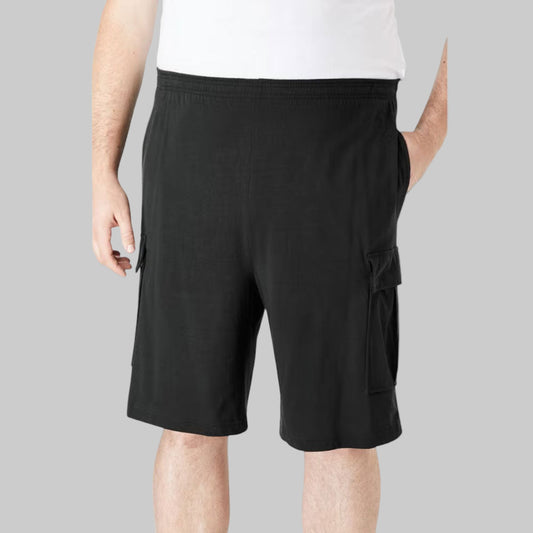 A pair of Black Jersey Big Size Cargo Shorts featuring soft jersey fabric, cargo pockets for extra storage, an elastic waistband with a drawstring, and a relaxed fit.