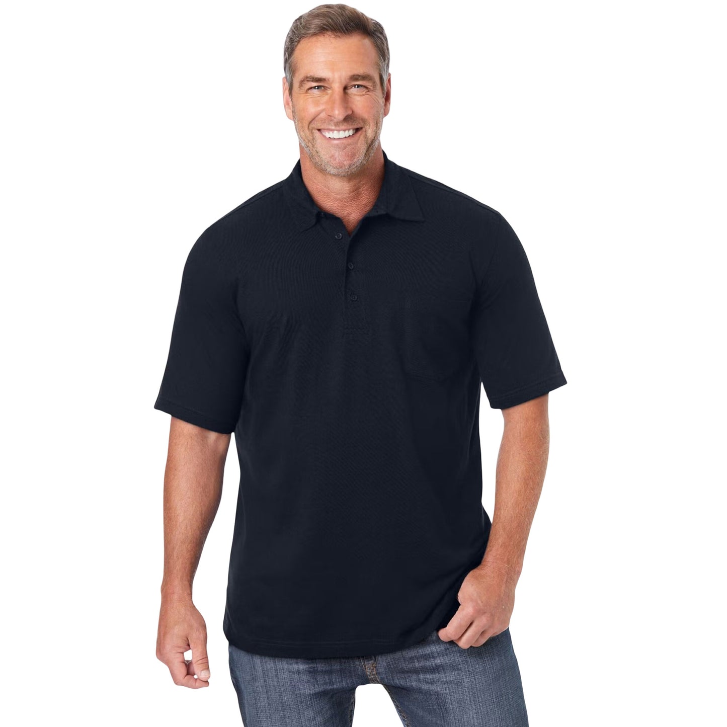 Black Jersey Polo Shirt for big & tall men with 3-button collar and soft knit fabric