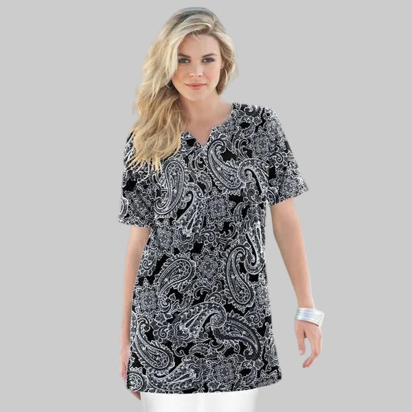 Black Lace Paisley Print Notch-Neck Soft Knit Tunic PSW-6826