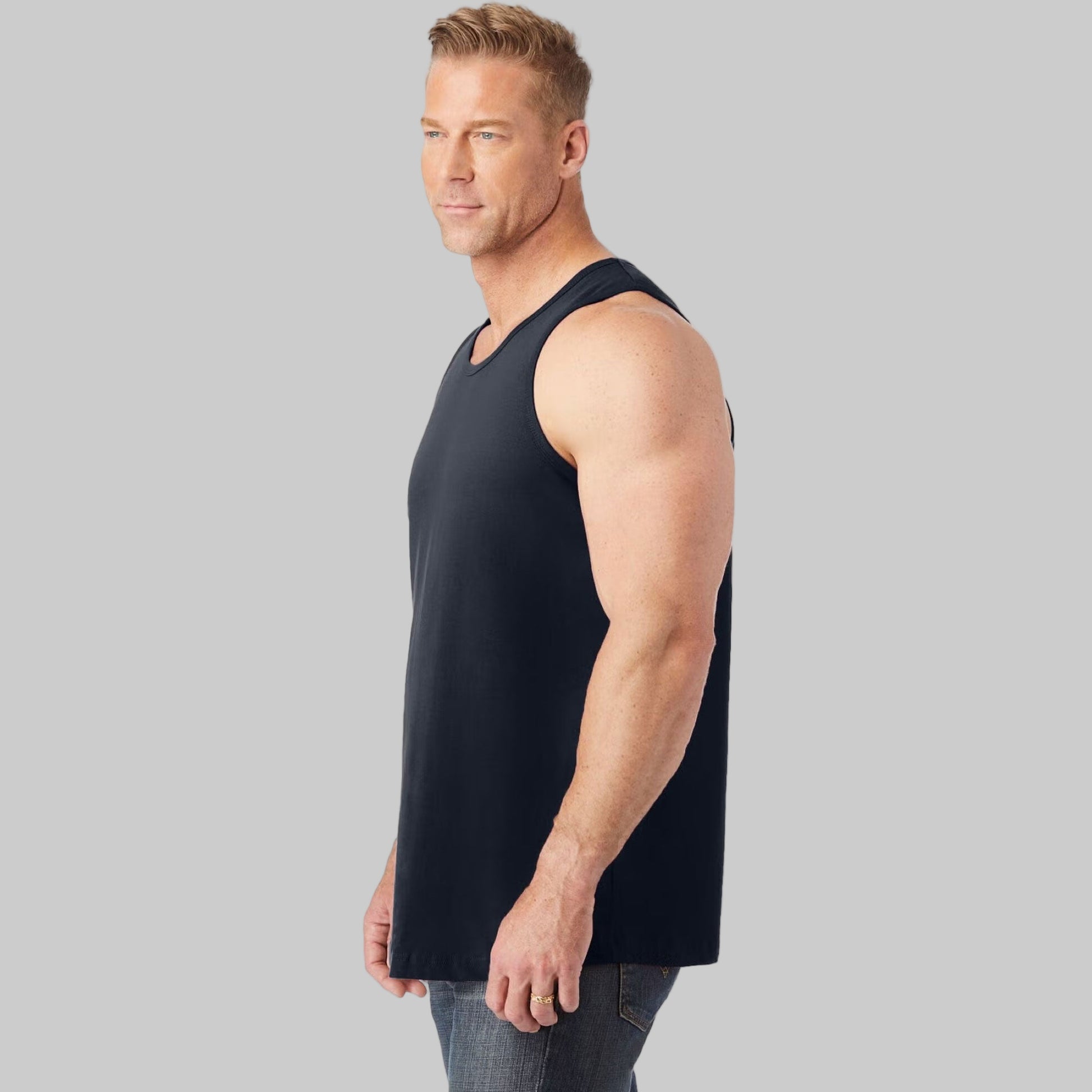 Black lightweight men's big and tall tank top with sleeveless design and relaxed athletic fit