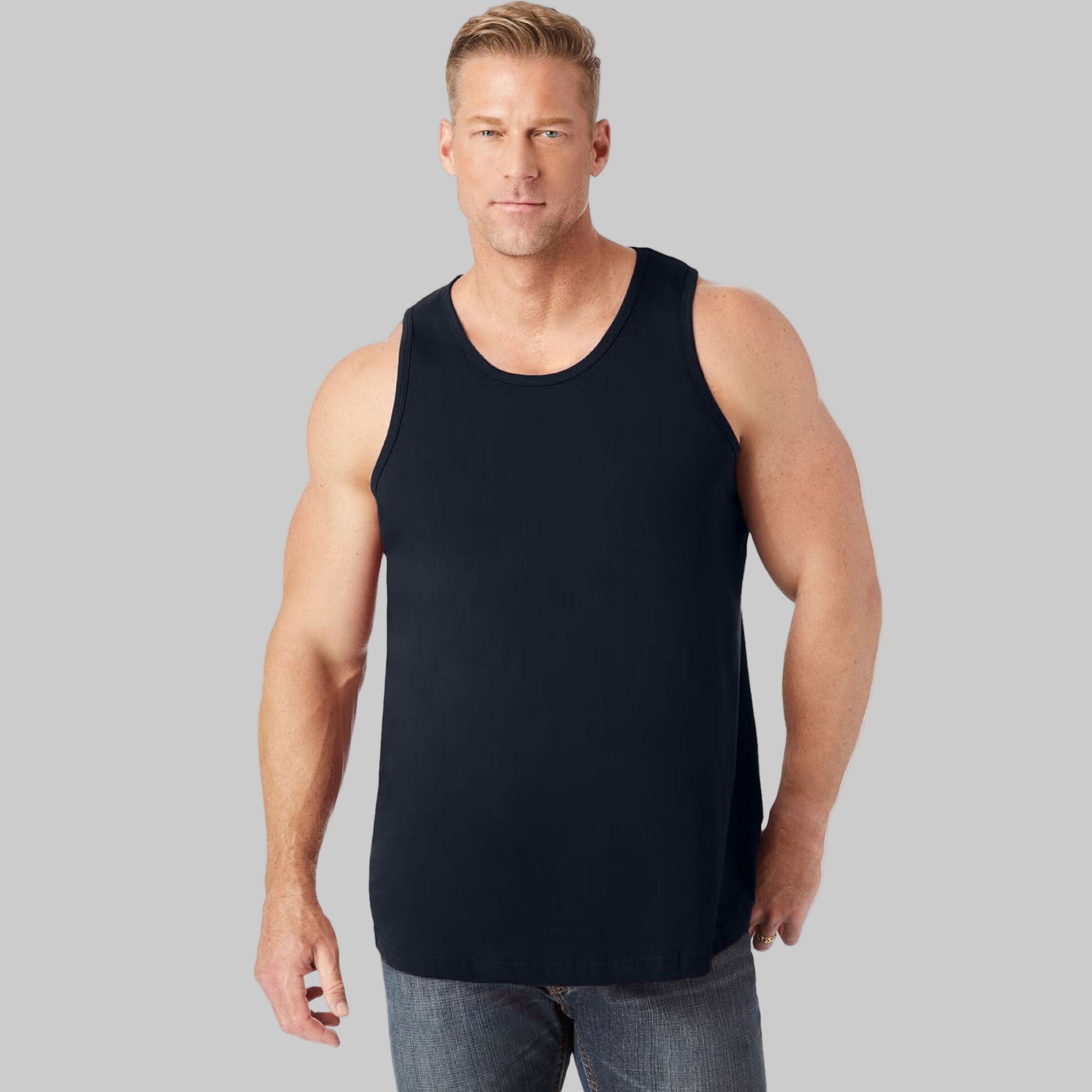 Black lightweight men's big and tall tank top with sleeveless design and relaxed athletic fit