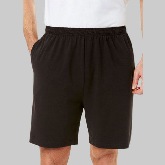 A pair of Black Jersey Big Size Shorts featuring soft, breathable jersey fabric, an elastic waistband with a drawstring, and a relaxed fit for everyday comfort.