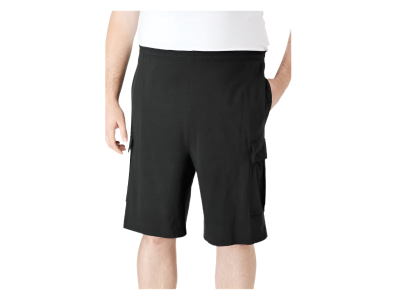 A pair of Black Jersey Big Size Cargo Shorts featuring soft jersey fabric, cargo pockets for extra storage, an elastic waistband with a drawstring, and a relaxed fit.