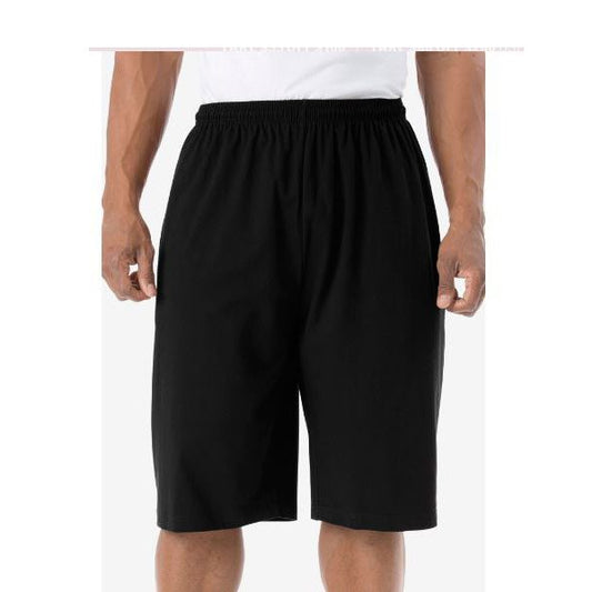 Men’s black long length jersey shorts in big sizes, featuring elastic waistband, breathable fabric, and side/back pockets for everyday wear.