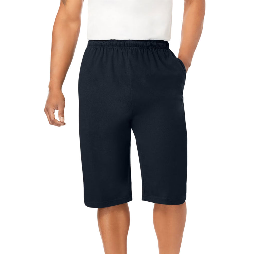 Plus-size extra-long jersey shorts with a relaxed fit, elastic waistband, adjustable drawstring, and side/back pockets for comfort and function.