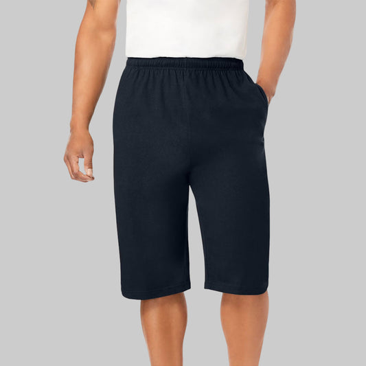 Plus-size extra-long jersey shorts with a relaxed fit, elastic waistband, adjustable drawstring, and side/back pockets for comfort and function.