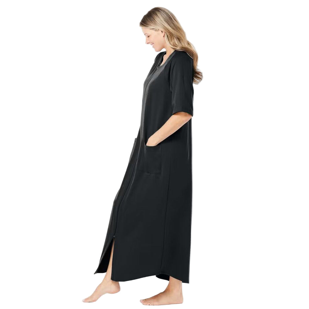 Flat-lay of Black French Terry Zip-Front Robe on neutral background