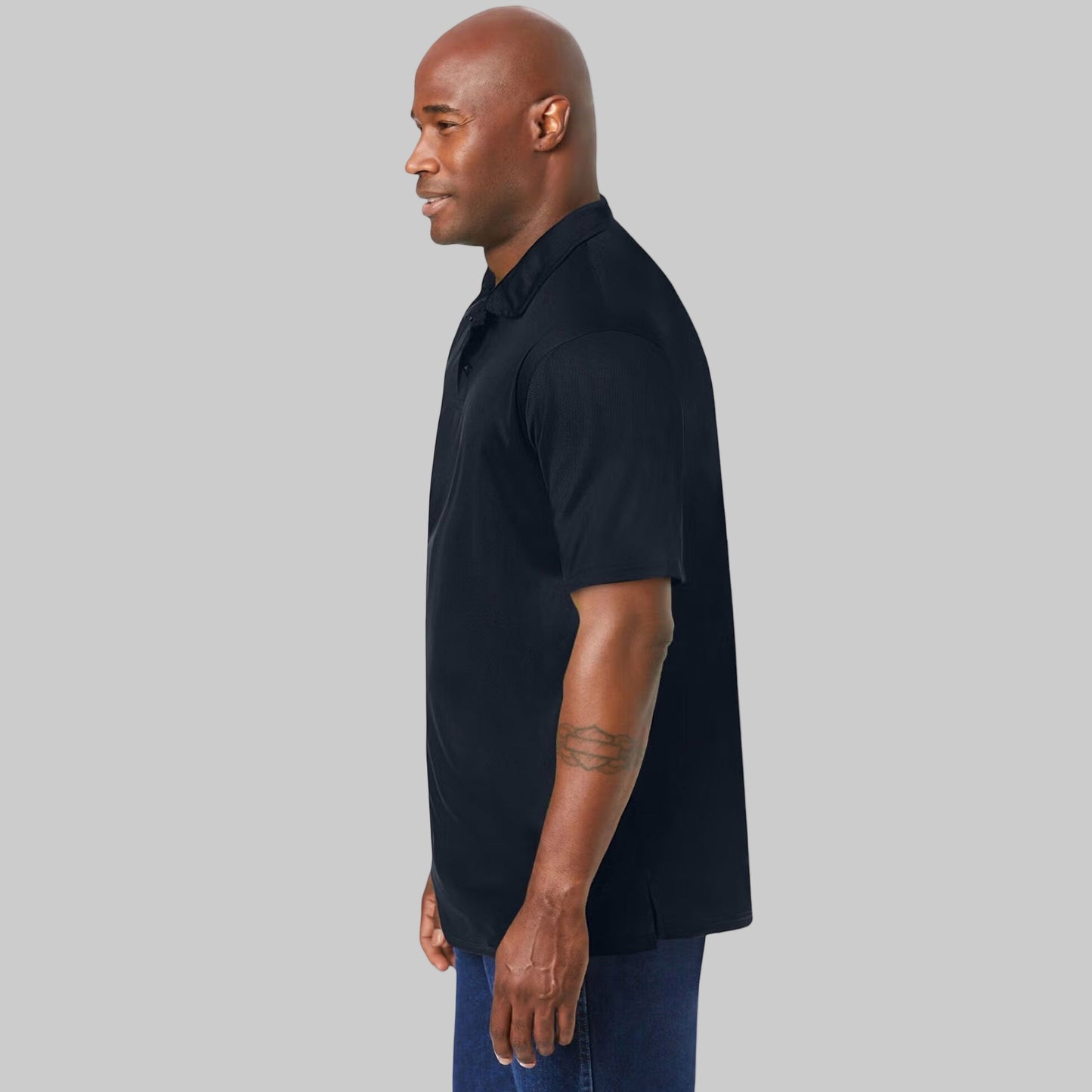 Black Mesh Moisture-Wicking Polo Shirt – Front View with Collar and Button Placket