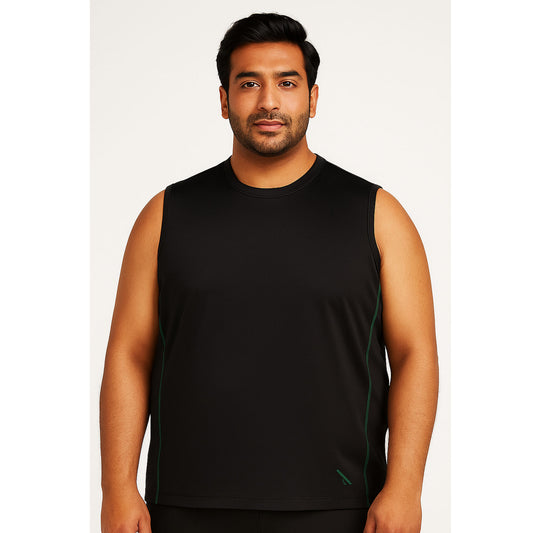 Black mesh men’s muscle tee with crewneck and breathable wicking fabric for performance comfort.