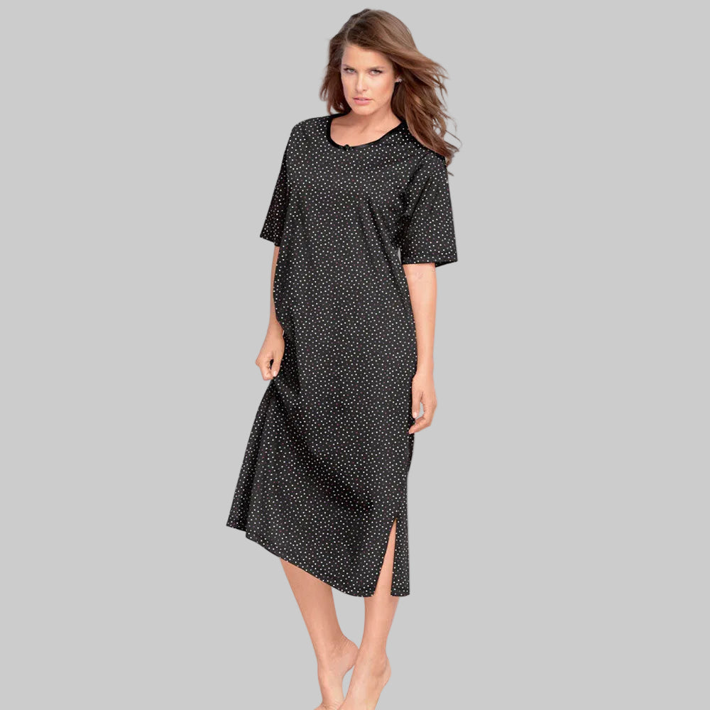 Black multi dot long cotton tagless sleepshirt with scoop neckline satin trim and relaxed fit comfortable nightwear.