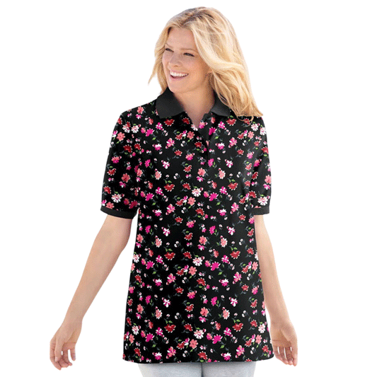 Black Polo Tunic with Multi Floral Print – Elbow Sleeve Cotton Blend Top for Women