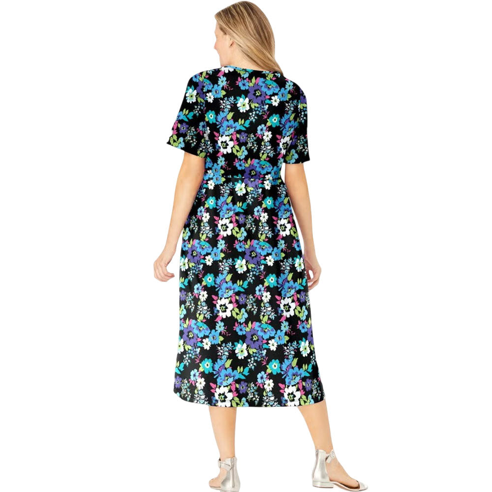 Black Multi Garden Floral Button Front Mid-Calf Dress with Pockets