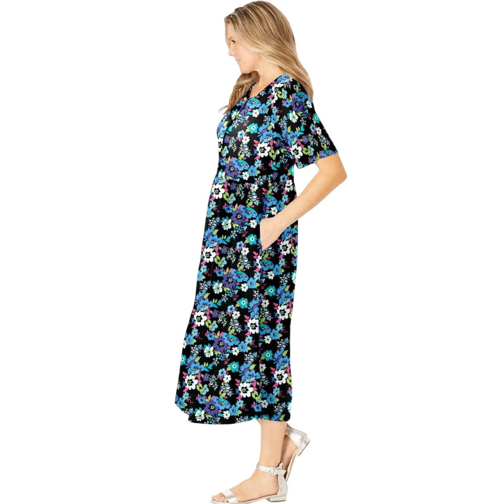 Black Multi Garden Floral Button Front Mid-Calf Dress with Pockets