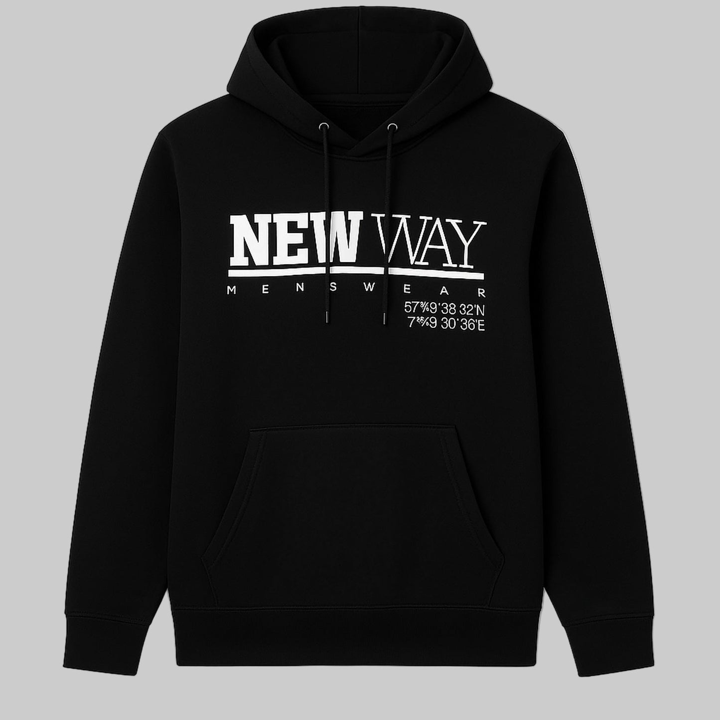Black fleece hoodie with “NEW WAY MENSWEAR” white chest print and drawstring hood — soft and comfortable men’s streetwear.