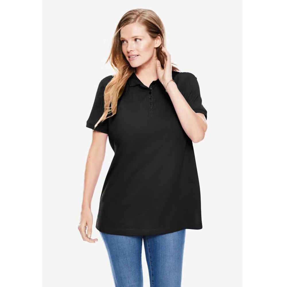 Front view of a black short-sleeve polo shirt for plus-size men, featuring a classic collar and relaxed fit, laid flat against a white background.