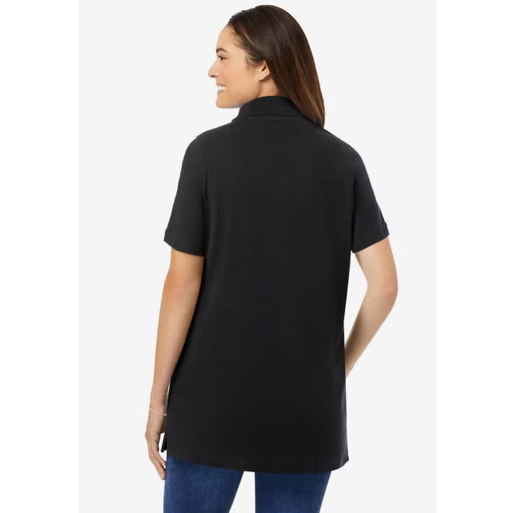 Front view of a black short-sleeve polo shirt for plus-size men, featuring a classic collar and relaxed fit, laid flat against a white background.