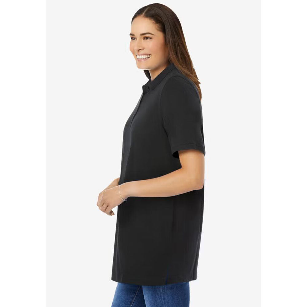Front view of a black short-sleeve polo shirt for plus-size men, featuring a classic collar and relaxed fit, laid flat against a white background.