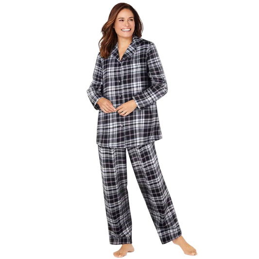 Women’s Black Plaid Classic Flannel Pajama Set with button-front shirt, notched collar, picot trim, and elastic waist pants in soft brushed cotton flannel.