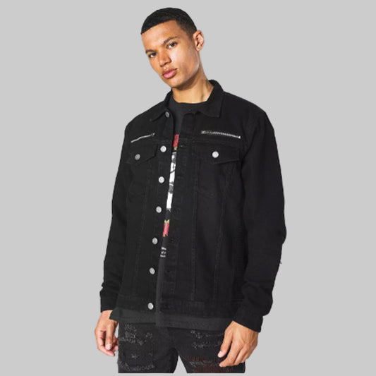 Black Plus Regular Fit Biker Zip Denim Jacket PSM-7724