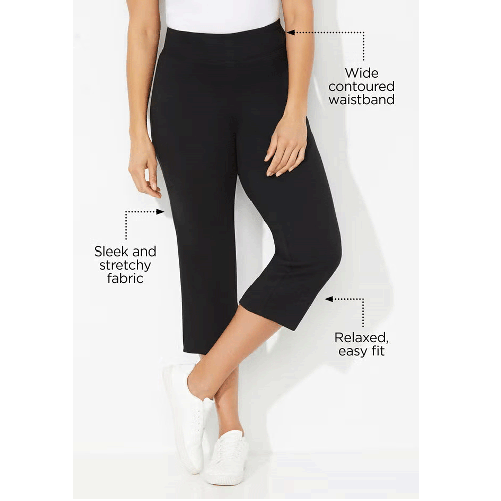 A Black Plus Size Women Yoga Capri featuring a wide elastic waistband, soft stretch fabric, and a moisture-wicking design for workouts or casual wear.