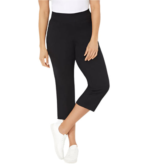 A Black Plus Size Women Yoga Capri featuring a wide elastic waistband, soft stretch fabric, and a moisture-wicking design for workouts or casual wear.