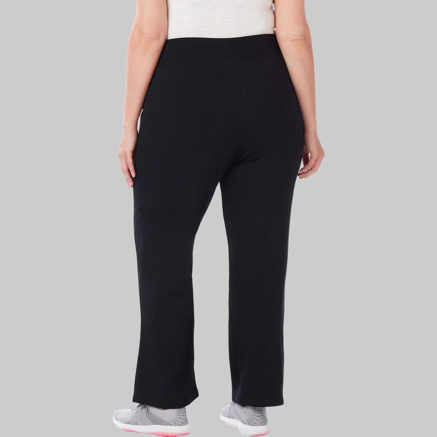 Black plus size women’s yoga pants with elastic waistband and stretch cotton fabric