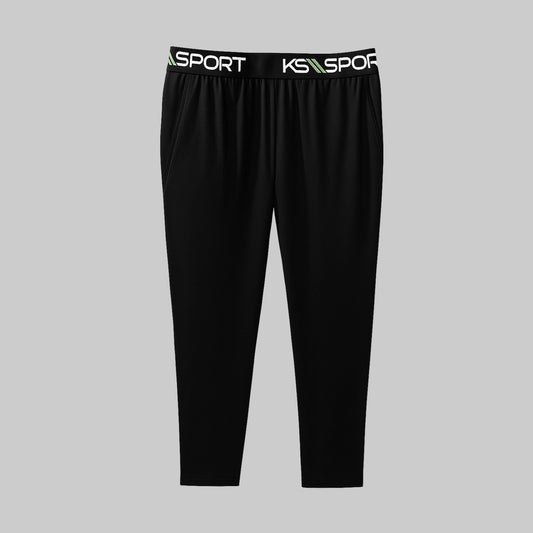 Black big size base layer pants with contrast stitching and elastic waistband