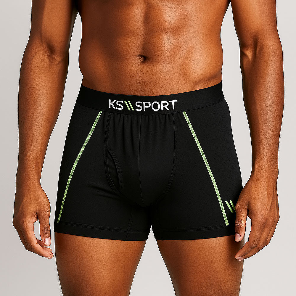 Black Polyester Performance Boxer Briefs with mesh panels, tagless label, and moisture-wicking fabric