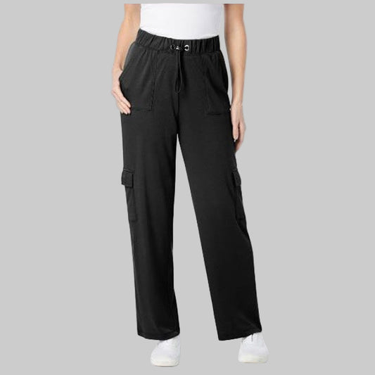 Plus-size woman wearing Black Pull-On Knit Cargo Pant with flap pockets
