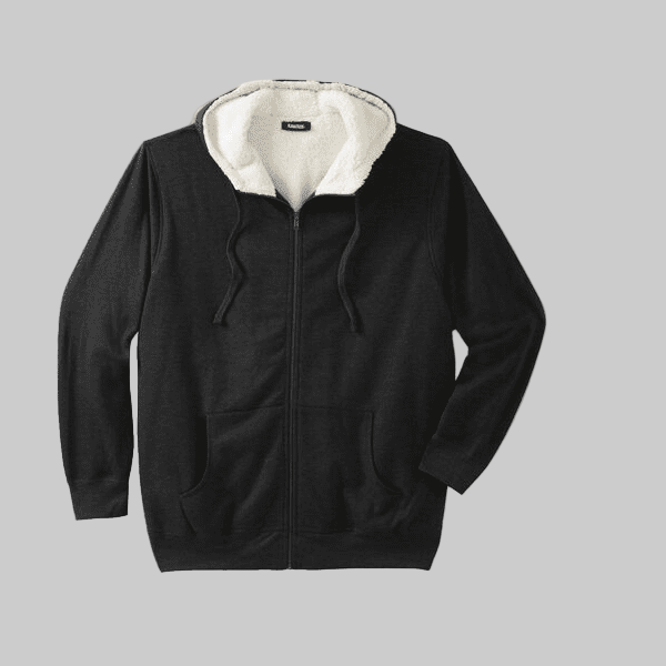 Black sherpa-lined fleece hoodie with full zip front, drawstring hood, and kangaroo pockets — warm and comfortable outerwear for big and tall men.