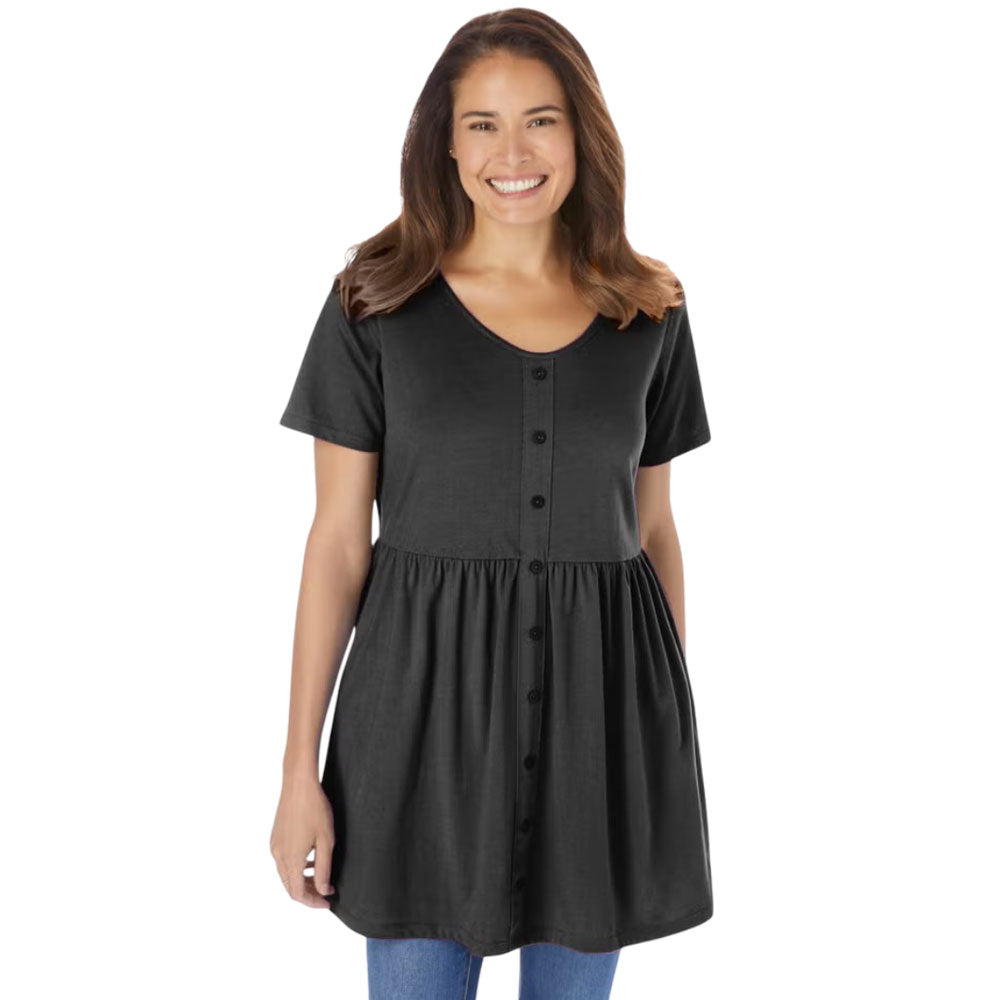 Black Short-Sleeve Empire Waist Tunic PSW-9797