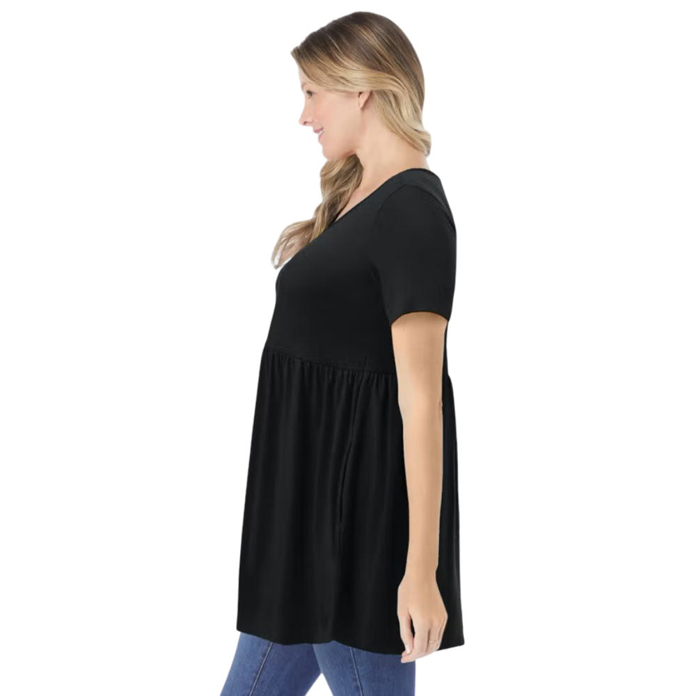 Black Short-Sleeve Empire Waist Tunic PSW-9797