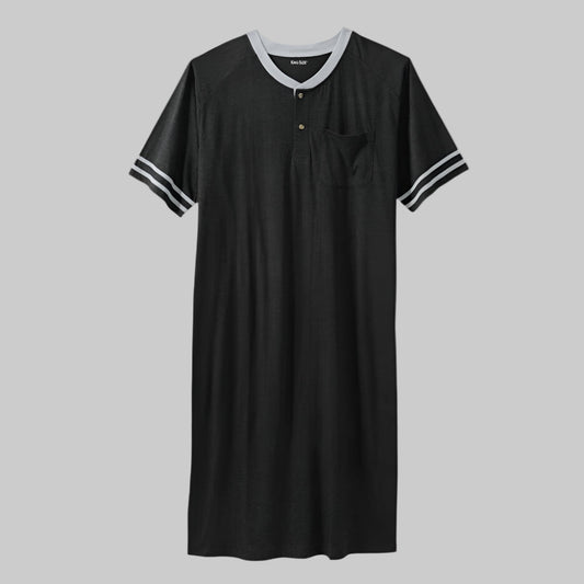 Black short-sleeve henley nightshirt laid flat on a white surface, showing button placket and relaxed silhouette.