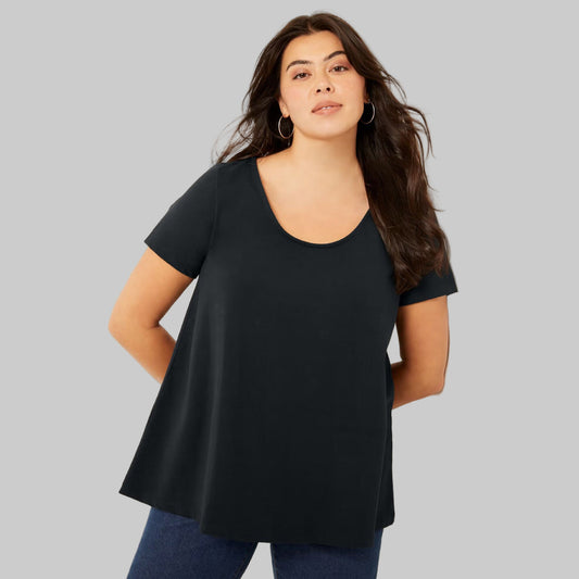Black Short-Sleeve Scoop Neck Swing Tunic PSW-9283