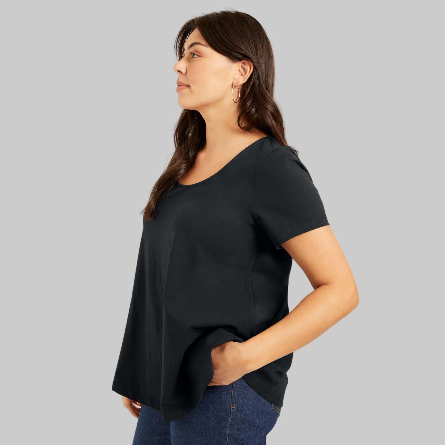 Black Short-Sleeve Scoop Neck Swing Tunic PSW-9283