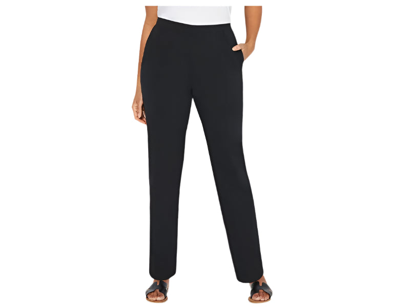 Plus size black stretch cotton pull-on pants with elastic waist, straight leg, and pockets – women’s cotton spandex comfort bottoms