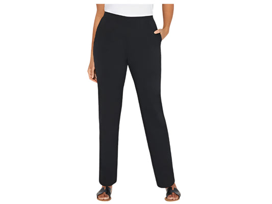 Plus size black stretch cotton pull-on pants with elastic waist, straight leg, and pockets – women’s cotton spandex comfort bottoms