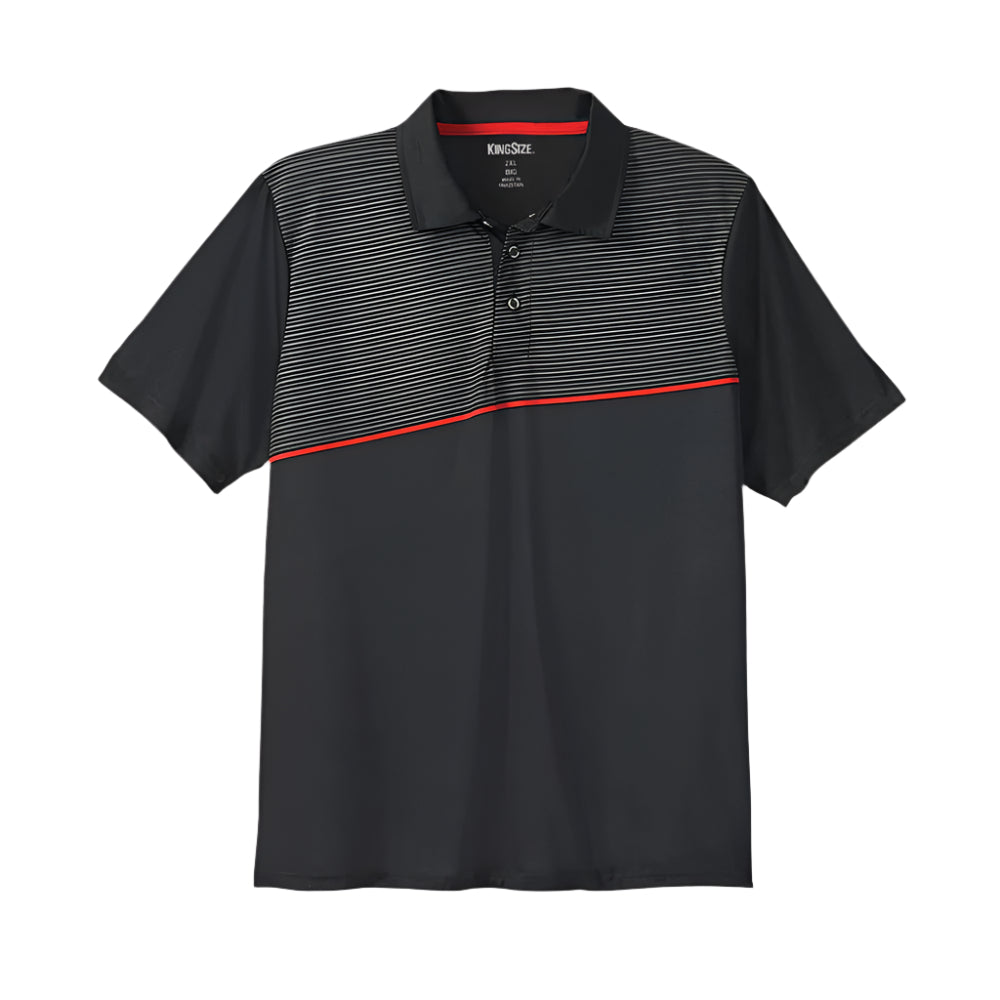 Black Stripe Moisture-Wicking Polo Shirt featuring a bold black base with striped accents, designed for comfort and active wear with moisture-wicking technology.