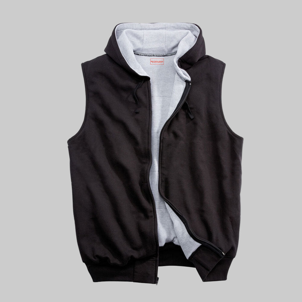 Black thermal fleece vest hoodie with drawstring hood, sleeveless design, rib-knit waist, and full zip front, made from soft cotton-poly fleece.