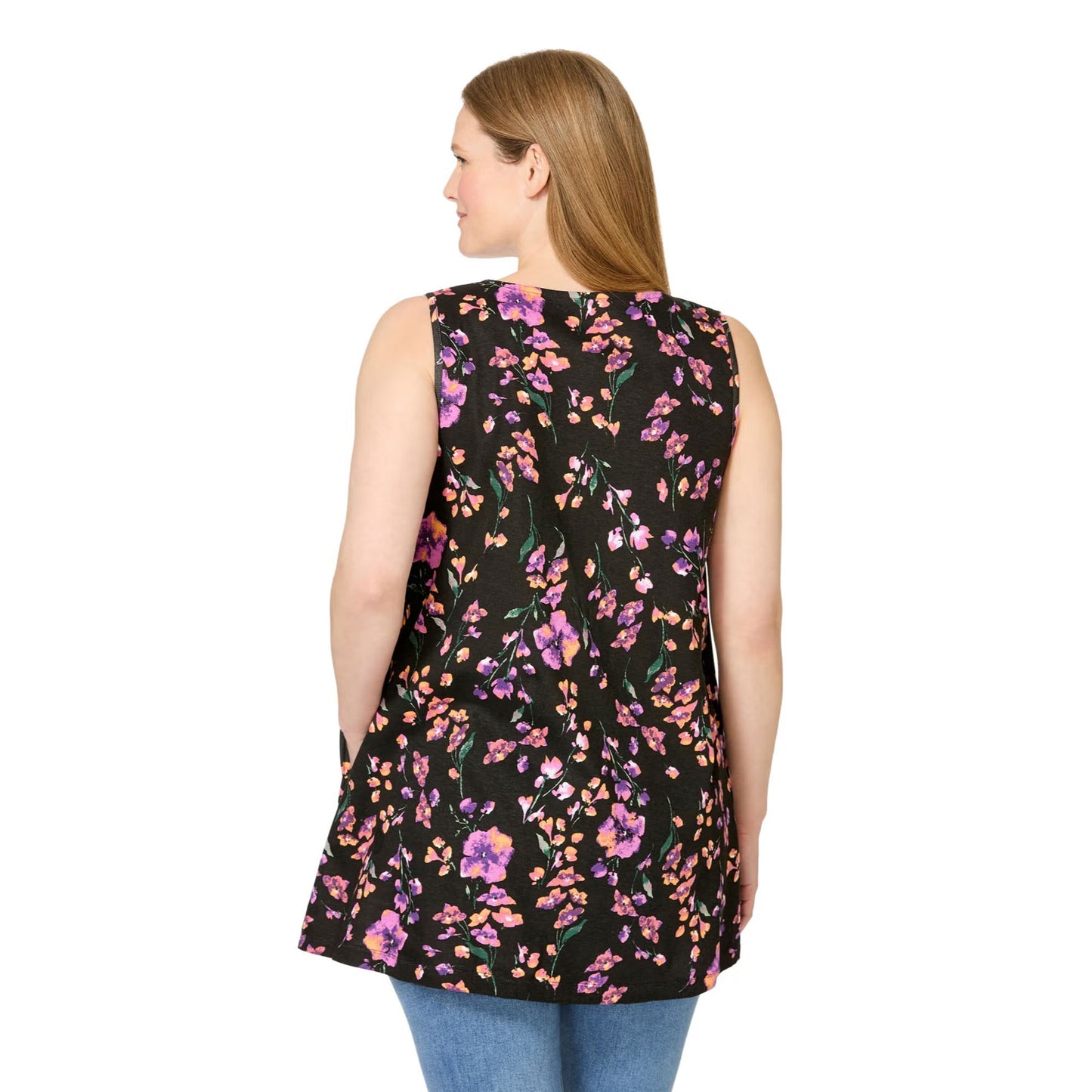 Woman wearing black square neck swing tunic with front pleats and side pockets