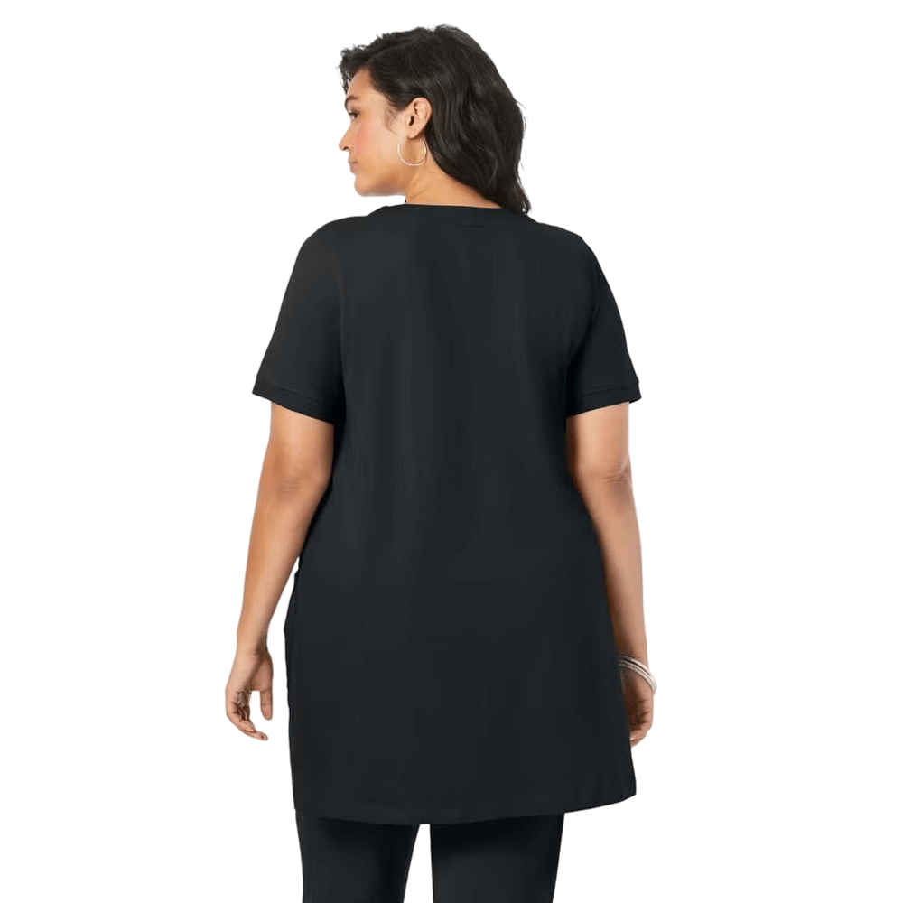 Black Two Pocket Soft Knit Tunic with long sleeves, scoop neckline, and a relaxed fit, perfect for layering or casual wear.