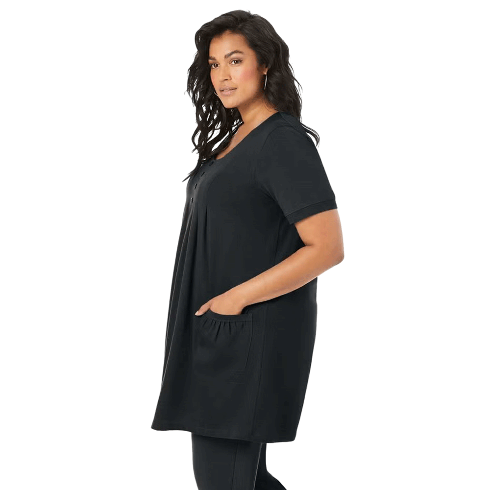 Black Two Pocket Soft Knit Tunic with long sleeves, scoop neckline, and a relaxed fit, perfect for layering or casual wear.