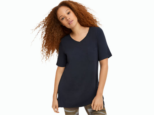 Plus-size A-line tunic with a V-neck, breast pocket, and above elbow-length sleeves. Soft and stretchy jersey knit for comfort and effortless style.