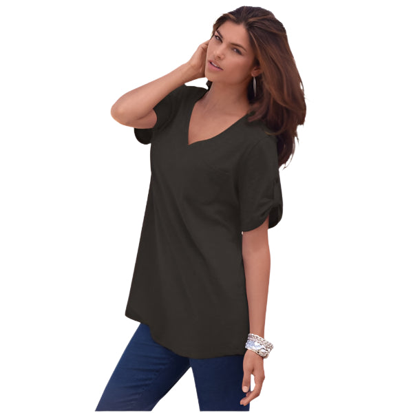 Black V-neck slub tunic with high-low hem and roll-tab sleeves – relaxed cotton top for women