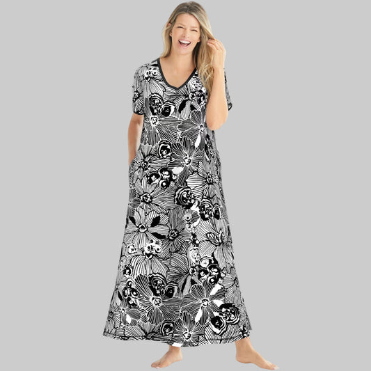 Black White Flower Long T-Shirt Lounger