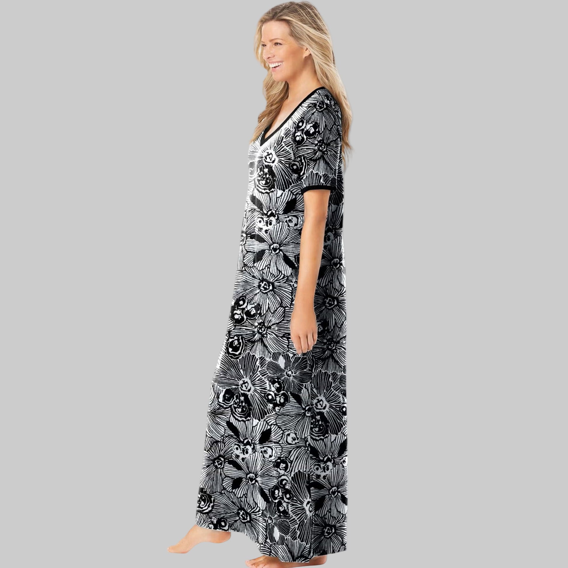Black White Flower Long T-Shirt Lounger